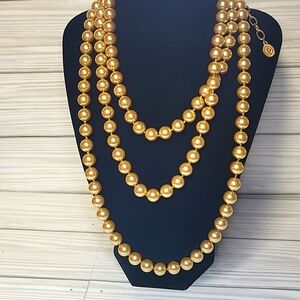 RJ Graziano Faux Pearl Necklace Gold Tone Glass Pearls 60" & 4" Extender C15